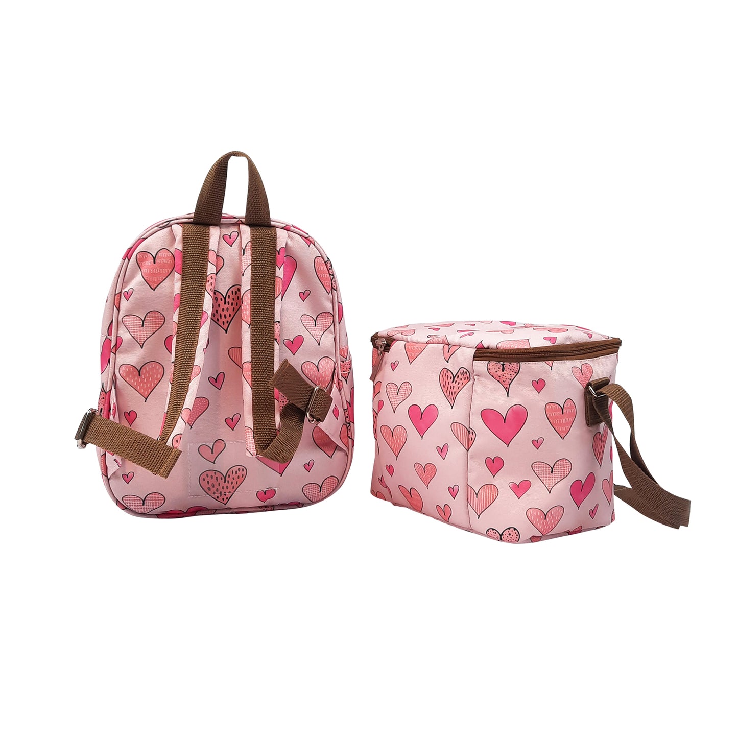 Set sustentable mochila kids + lonchera corazones