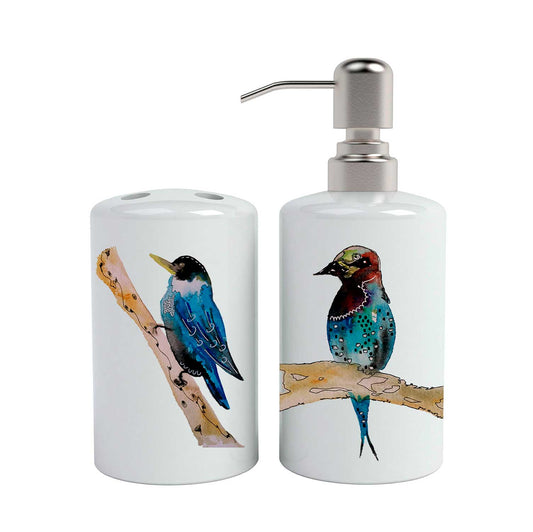 Set de baño cerámica pájaros azules 2 piezas