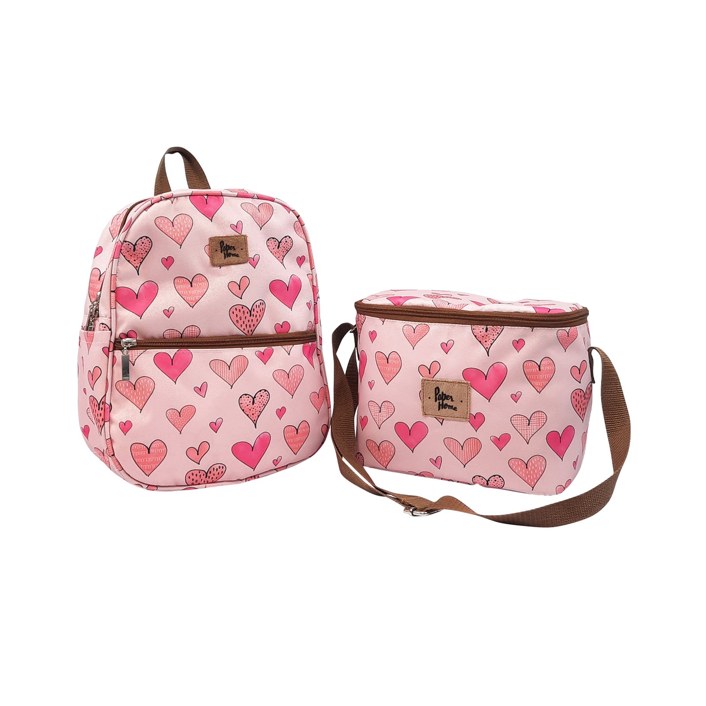 Set sustentable mochila kids + lonchera corazones