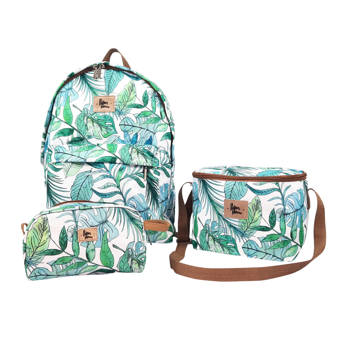 Set sustentable mochila + estuche + lonchera botánico verde