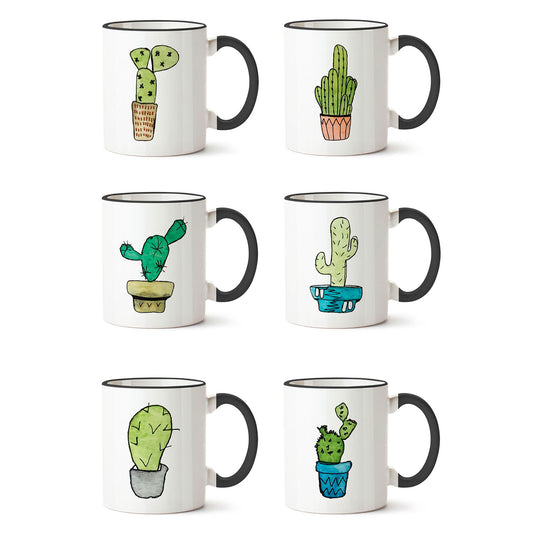 Set x 6 tazones mugs cerámica cactus negros asa negra