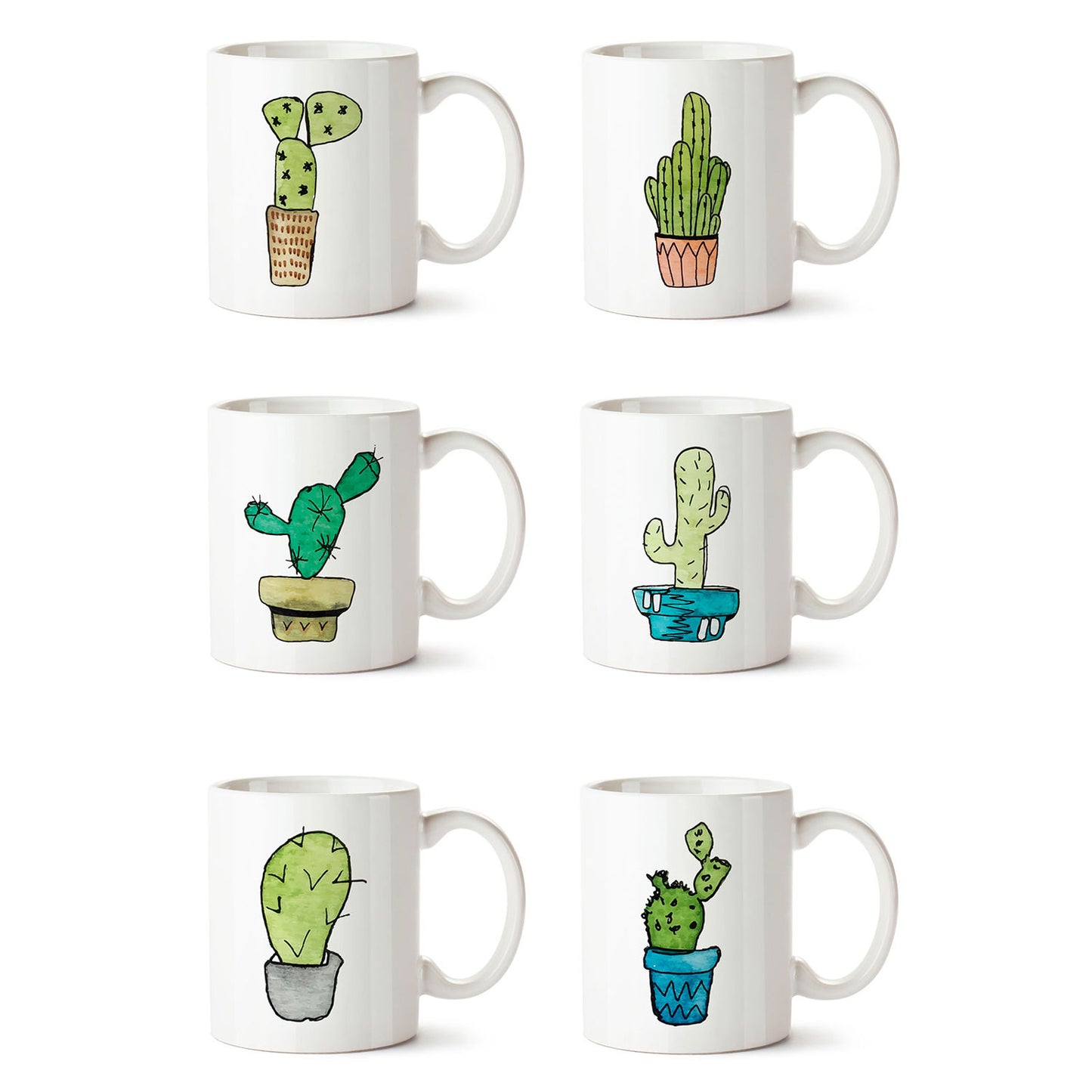 Set x 6 tazones mugs cerámica cactus asa blanca