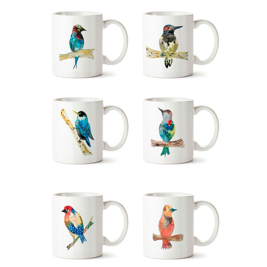 Set x 6 tazones mugs cerámica pájaros asa blanca