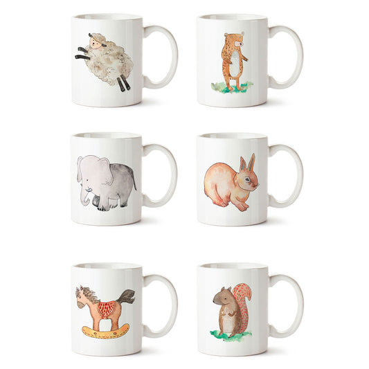 Set x 6 tazones mugs cerámica infantiles animales asa blanca