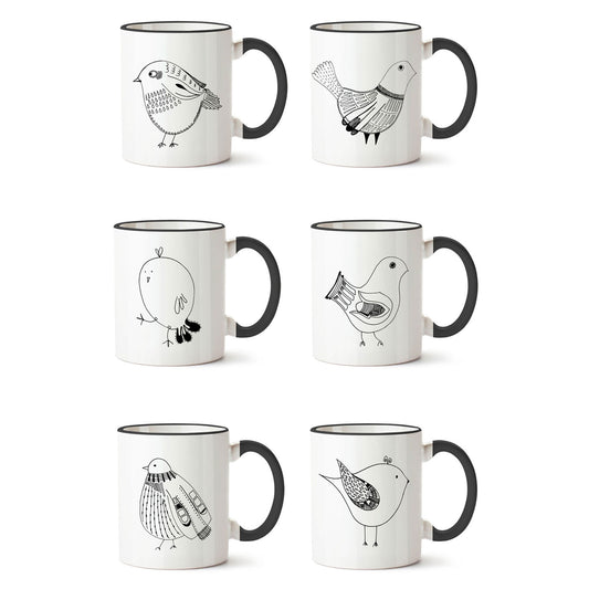Set x 6 tazones mugs cerámica pájaros negros asa negra