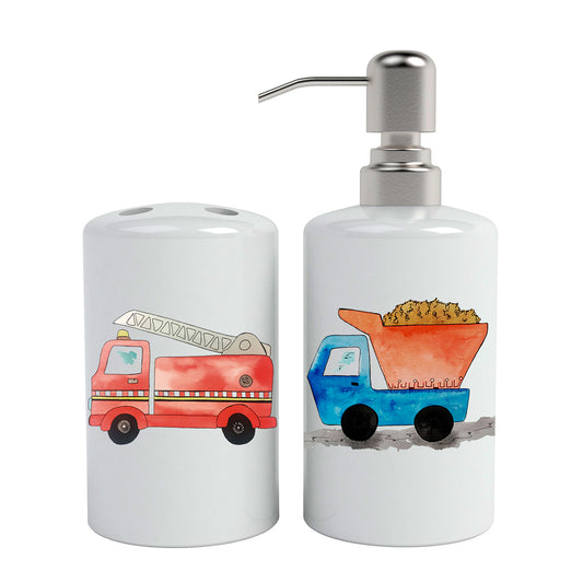 Set de baño cerámica bombero y camión infantil 2 piezas