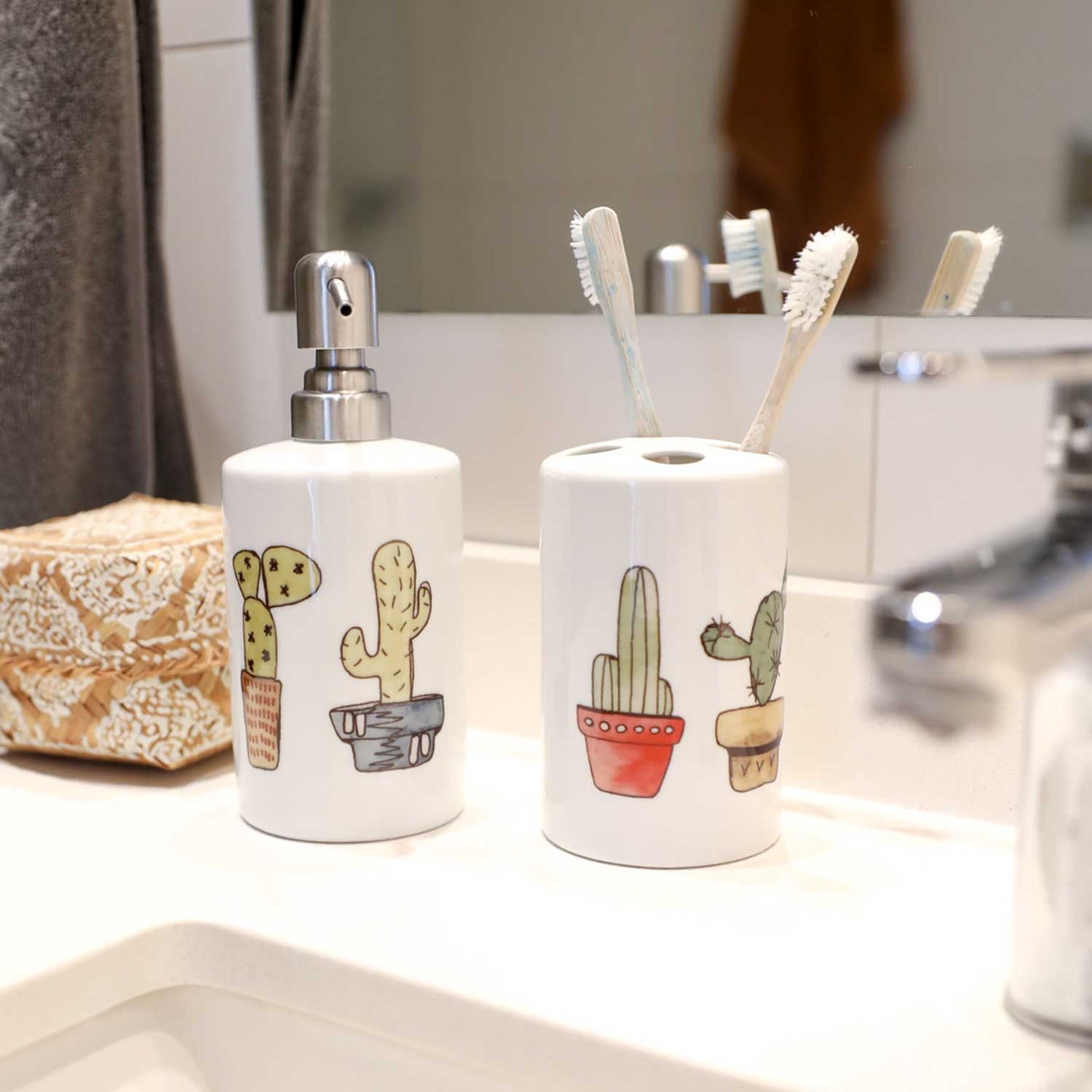 Set de baño cerámica cactus 2 piezas