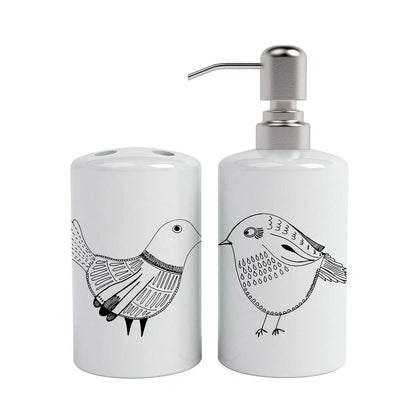 Set de baño cerámica pájaros blanco y negro 2 piezas